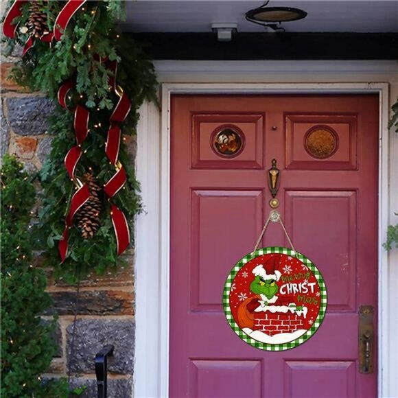 Merry Christmas Sign for Front Door Decor, Green Xmas Holiday Wood Door Hanger - Picture 6 of 7